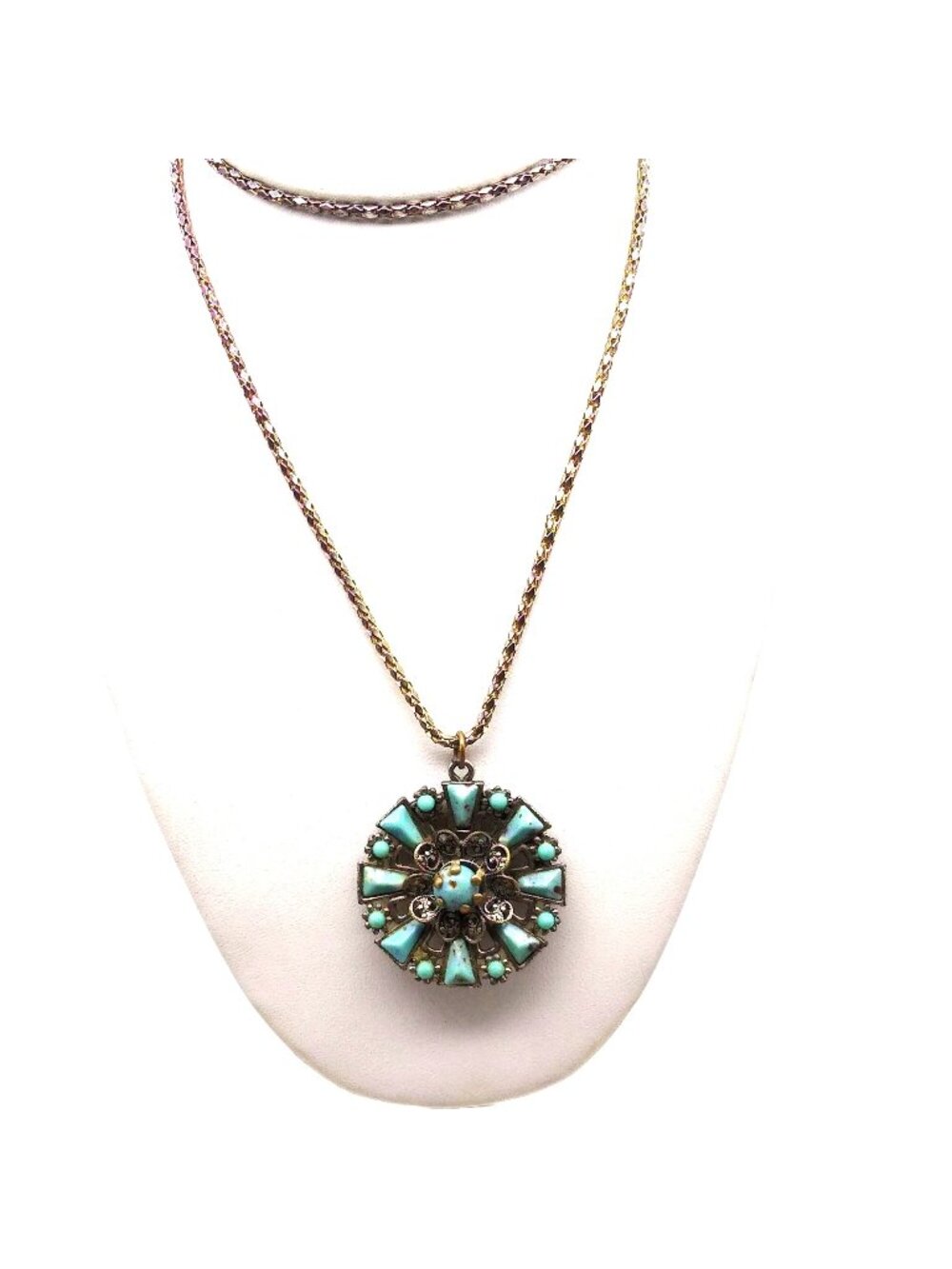 Vintage Turquoise Confetti Lucite Pendant Medallion Set in Silver Tone Ornate